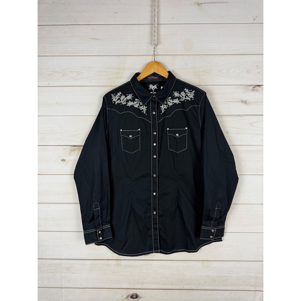 Rock 47 by Wrangler Shirt Womens XXL Black Western Snap Embroidered Bling